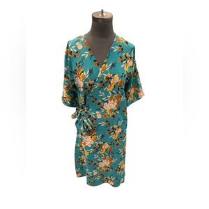 Gypsea Tribe Floral Wrap Dress Teal Boho Kimono Sleeve S